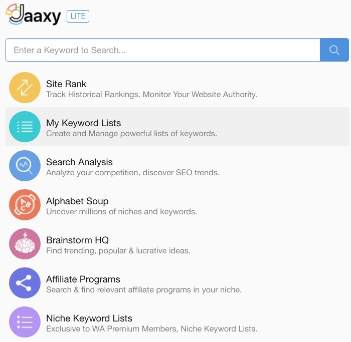 A Wealthy Affiliate University Review screenshot of the Jaaxy Keyword tool dashboard