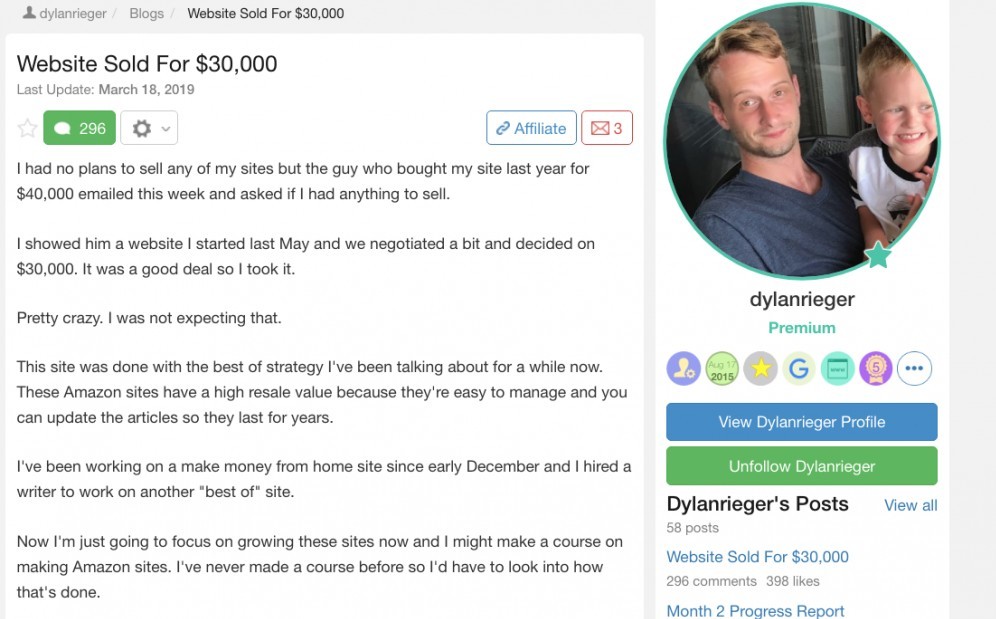 A Wealthy Affiliate University Review - one of the many success posts by Dylan Rieger