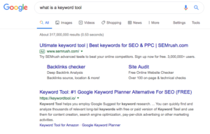 Google search results for what is a keyword tool