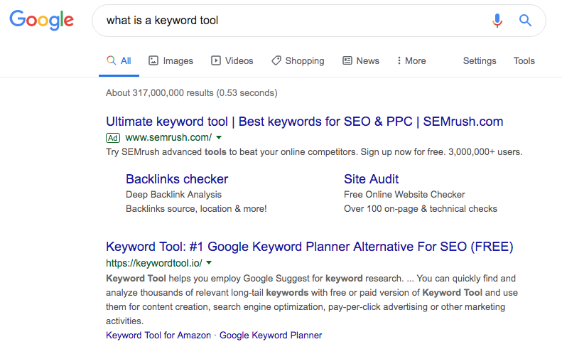 Google search results for what is a keyword tool