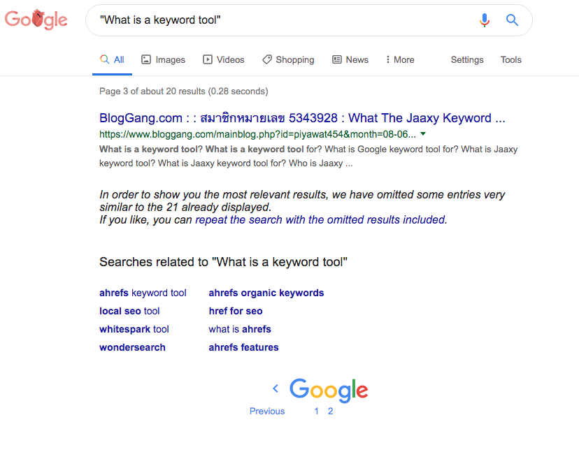 Actual competing pages for searching what is a keyword tool
