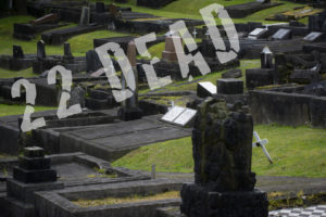 A New Zealand cemetry with the words "22 dead" in large superimposed over the image