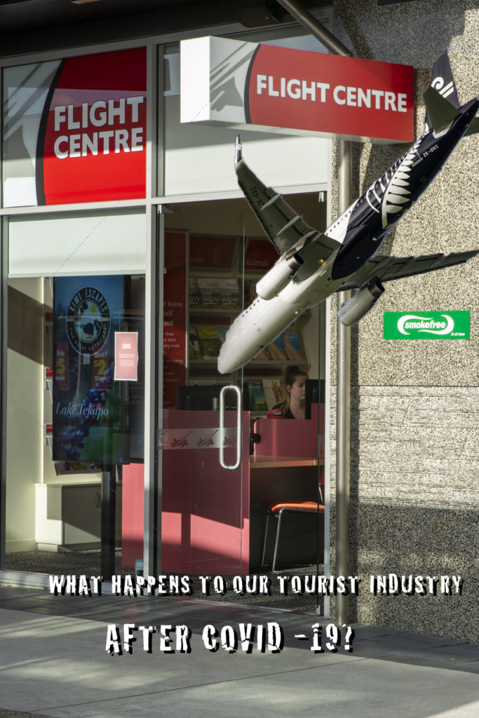 A photo showing a travel shop promoting tourism with a plane plummeting to the ground superimposed over the photo and the words "what happens to New Zealand's tourist industry after covid 19?"